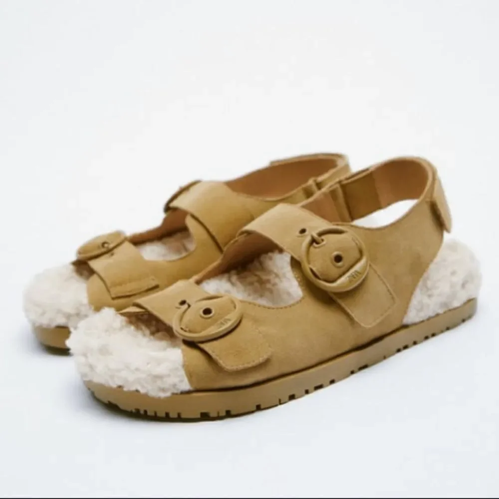 Zara Brown Leather Buckled Flat Sandals Shoes size 10 - Picture 4 of 12